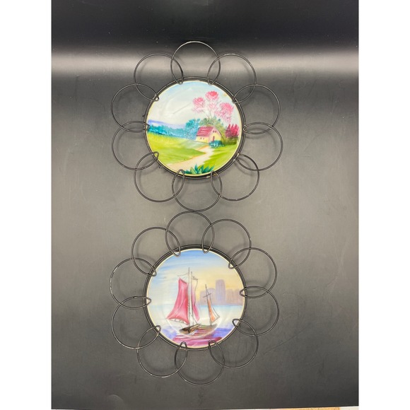Other - Vintage Japan Wall‎ Decor Plates Metal Flower Frame Cottage Sailboat 7" Diameter